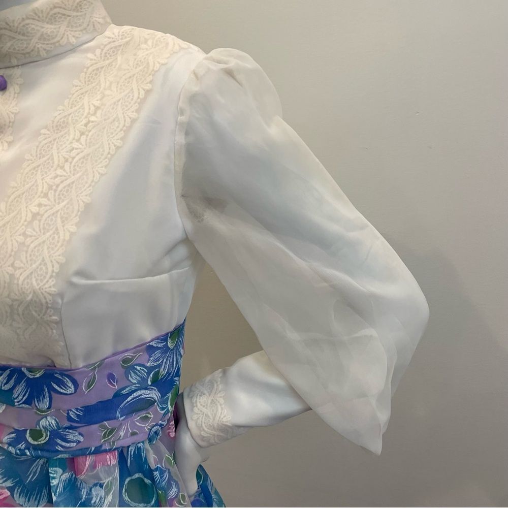 VINTAGE White Purple Blue & Pink Floral Print 60s 70s Belted Maxi Dress - Picture 14 of 15